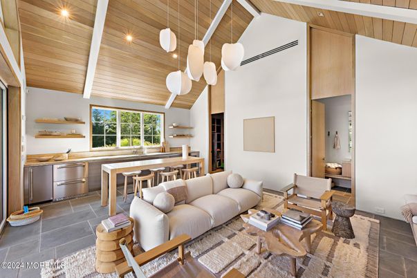 Dining room, Interior, Kitchen, Living room, Pendant Lights, Recessed Lighting, Stainless Steel Appliances, Wooden Ceilings