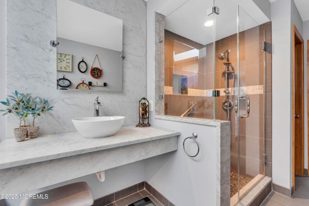 Bathroom, Glass Shower, Interior, Marble Walls, Recessed Lighting