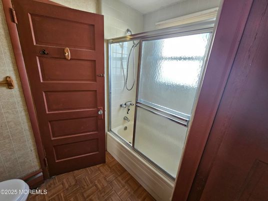 Bathroom, Glass Shower, Interior, Wood Texture Flooring