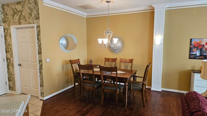 Chandelier, Dining room, Interior, Pendant Lights, Wood Texture Flooring