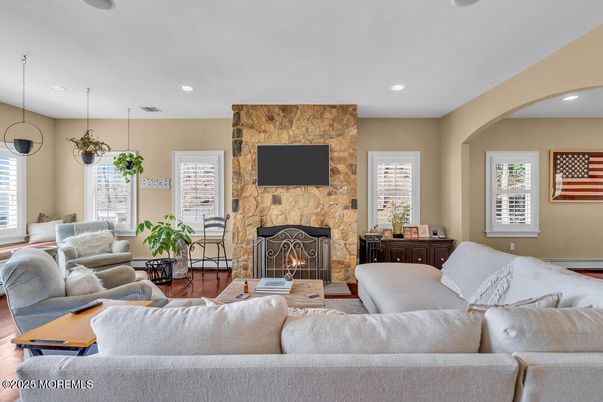 Fireplace, Interior, Living room, Pendant Lights, Recessed Lighting, Stone Walls