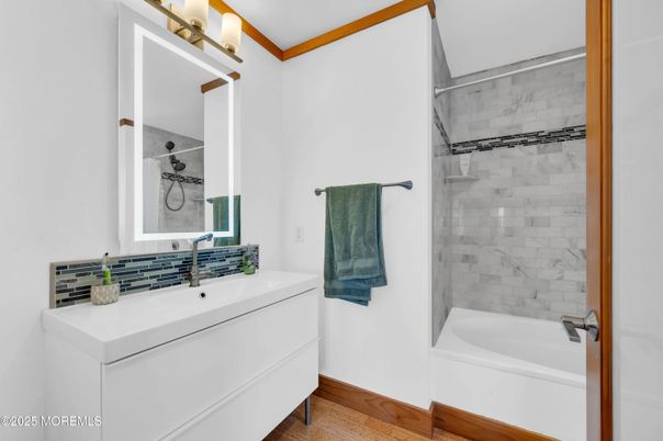 Bathroom, Glass Shower, Interior, Wood Texture Flooring