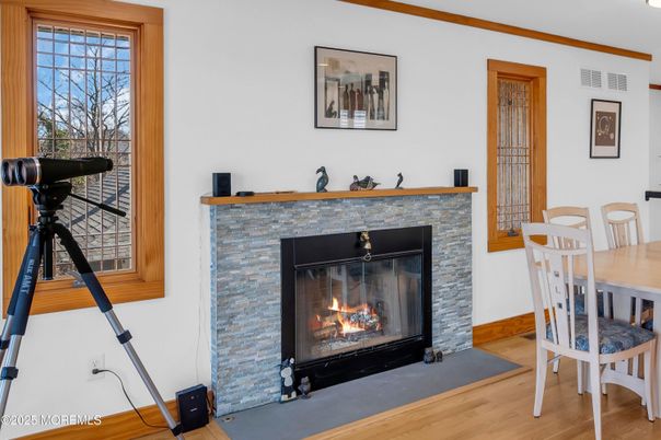 Dining room, Fireplace, Interior, Wood Texture Flooring