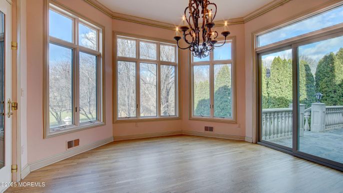 Chandelier, Empty room, Interior, Wood Texture Flooring