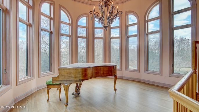 Chandelier, Interior, Piano, Wood Texture Flooring