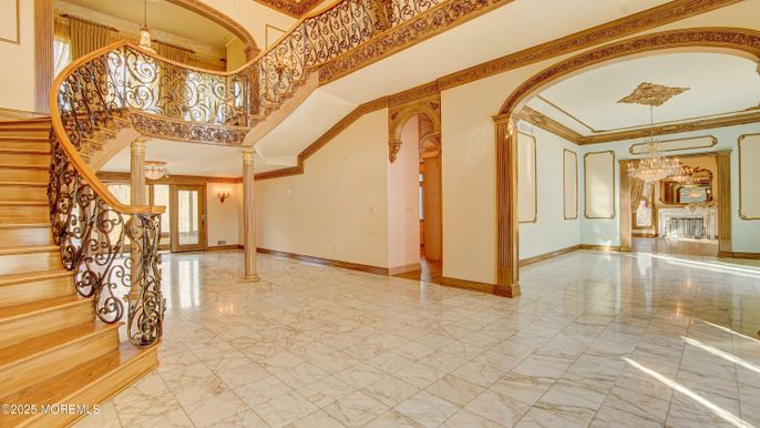 Chandelier, Fireplace, Interior, Marble