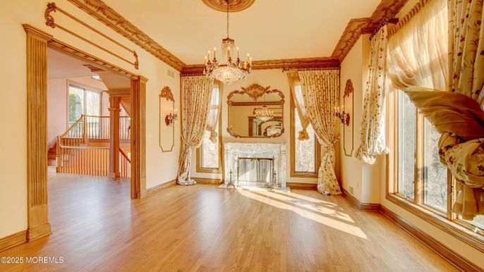 Chandelier, Fireplace, Interior, Wood Texture Flooring