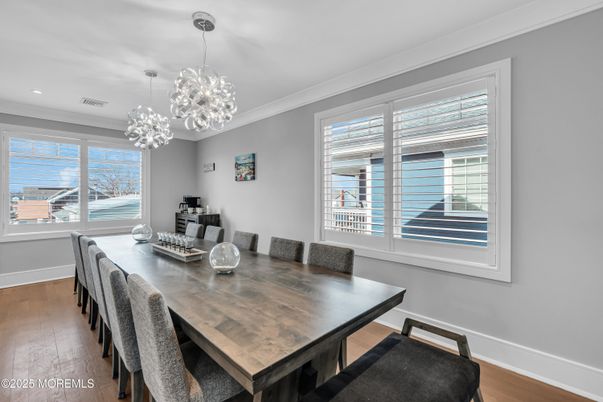 Dining room, Interior, Pendant Lights, Recessed Lighting, Wood Texture Flooring