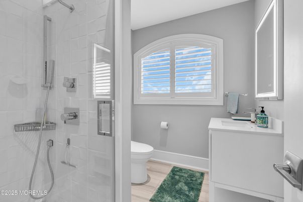 Bathroom, Glass Shower, Interior, Wood Texture Flooring