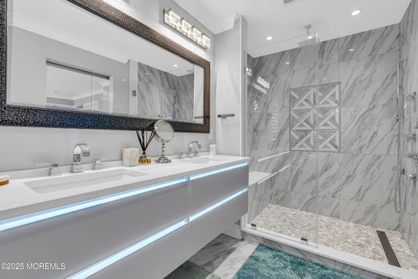 Bathroom, Dual Sink Vanities, Glass Shower, Interior, Marble, Marble Walls, Recessed Lighting