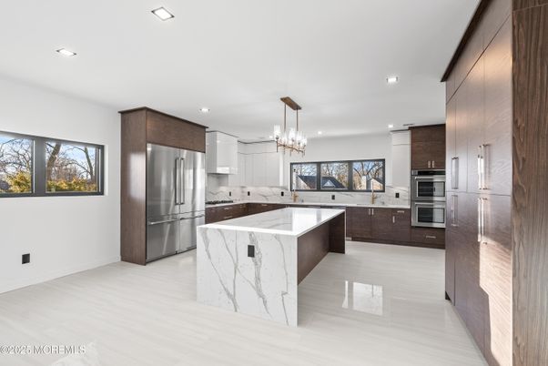 Chandelier, Interior, Kitchen, Pendant Lights, Recessed Lighting, Stainless Steel Appliances