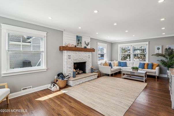 Fireplace, Interior, Living room, Recessed Lighting, Wood Texture Flooring