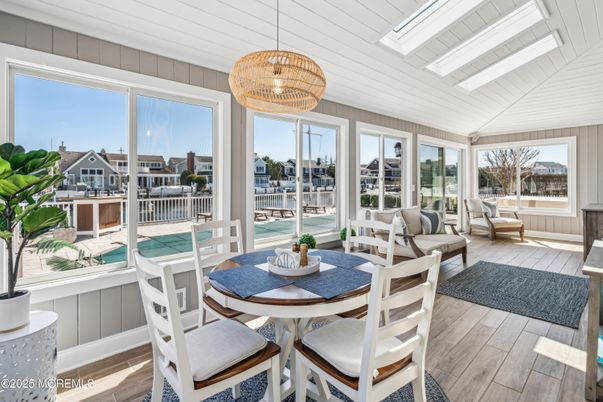 Dining room, Interior, Living room, Pendant Lights, Wood Texture Flooring