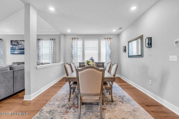 Dining room, Interior, Recessed Lighting, Wood Texture Flooring