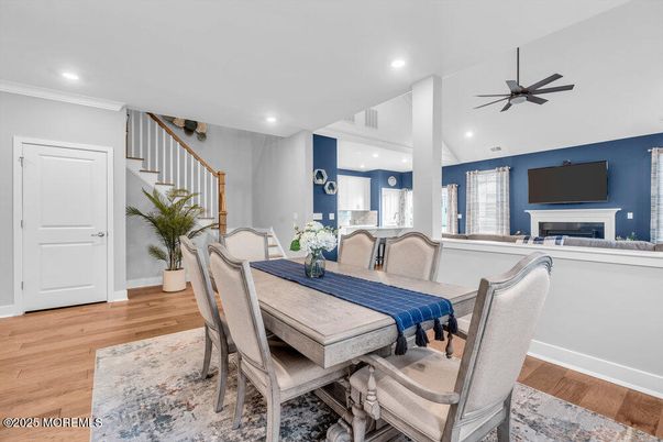 Dining room, Fireplace, Interior, Recessed Lighting, Wood Texture Flooring