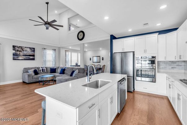 Interior, Kitchen, Living room, Recessed Lighting, Stainless Steel Appliances, Wood Texture Flooring