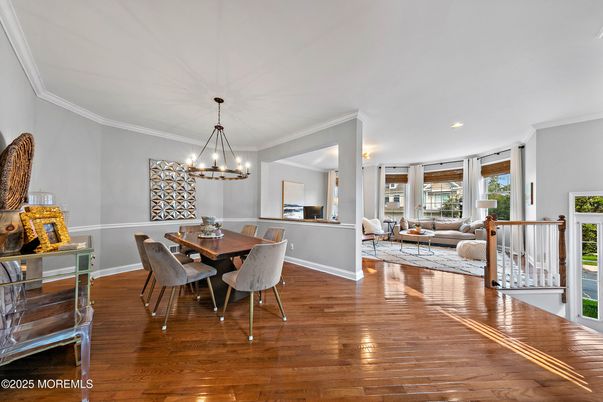 Chandelier, Dining room, Interior, Living room, Recessed Lighting, Wood Texture Flooring