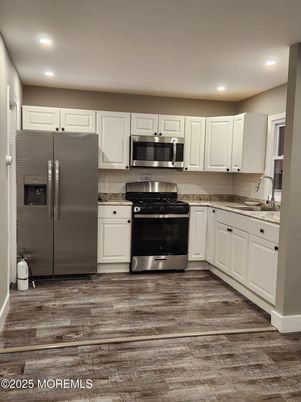 Interior, Kitchen, Recessed Lighting, Stainless Steel Appliances, Wood Texture Flooring