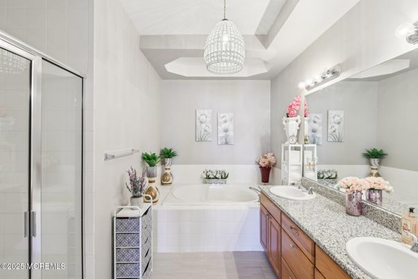 Bathroom, Dual Sink Vanities, Glass Shower, Interior, Pendant Lights