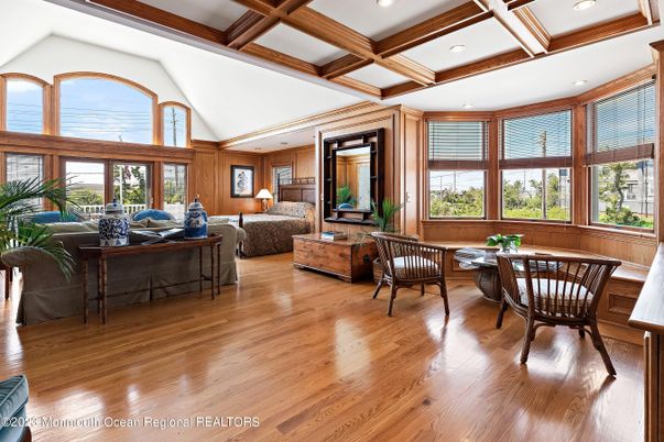 Dining room, Interior, Living room, Recessed Lighting, Wooden Beams, Wood Texture Flooring