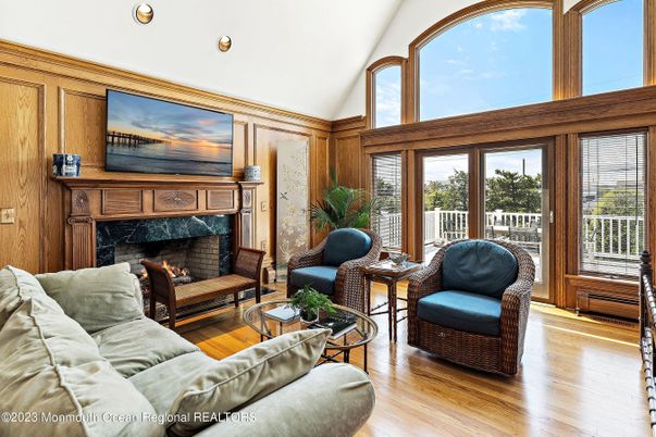 Fireplace, Interior, Living room, Recessed Lighting, Wood Texture Flooring, Wooden Walls
