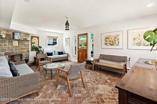 Fireplace, Interior, Living room, Recessed Lighting, Stone Walls