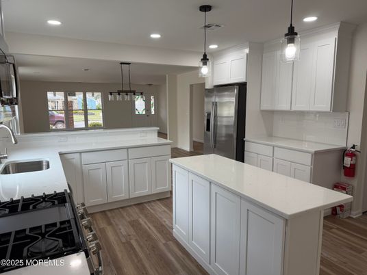 Interior, Kitchen, Pendant Lights, Recessed Lighting, Stainless Steel Appliances, Wood Texture Flooring