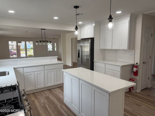 Interior, Kitchen, Pendant Lights, Recessed Lighting, Stainless Steel Appliances, Wood Texture Flooring