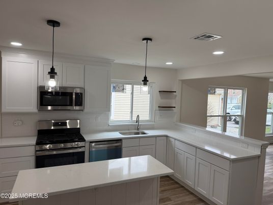 Interior, Kitchen, Pendant Lights, Recessed Lighting, Stainless Steel Appliances, Wood Texture Flooring