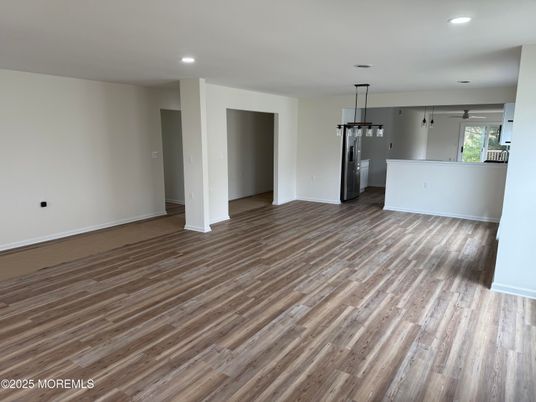 Empty room, Interior, Kitchen, Pendant Lights, Recessed Lighting, Wood Texture Flooring