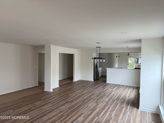 Empty room, Interior, Kitchen, Pendant Lights, Wood Texture Flooring