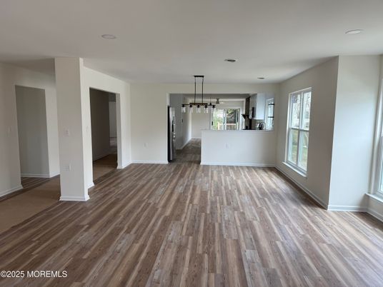 Empty room, Interior, Kitchen, Pendant Lights, Recessed Lighting, Wood Texture Flooring