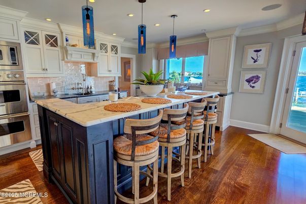 Interior, Kitchen, Pendant Lights, Recessed Lighting, Stainless Steel Appliances, Water, Wood Texture Flooring
