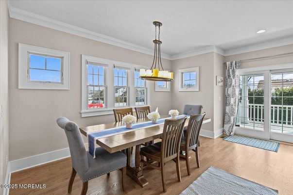 Dining room, Interior, Pendant Lights, Recessed Lighting, Wood Texture Flooring