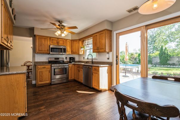 Dining room, Interior, Kitchen, Stainless Steel Appliances, Wood Texture Flooring