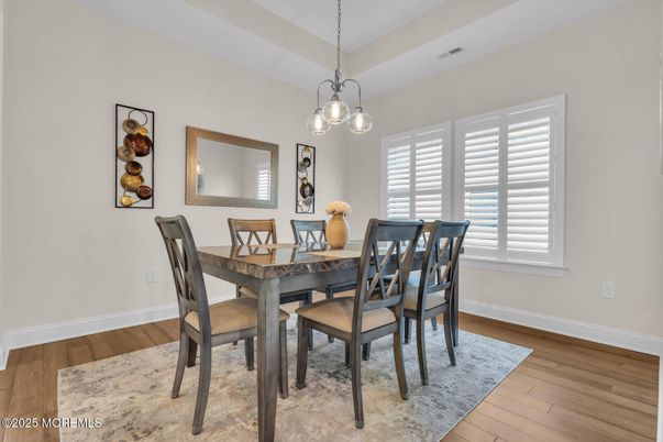 Dining room, Interior, Pendant Lights, Wood Texture Flooring