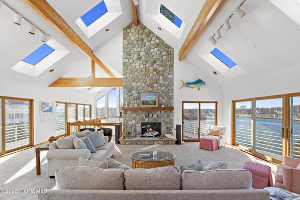 Fireplace, Interior, Living room, Stone Walls, Water, Wooden Beams