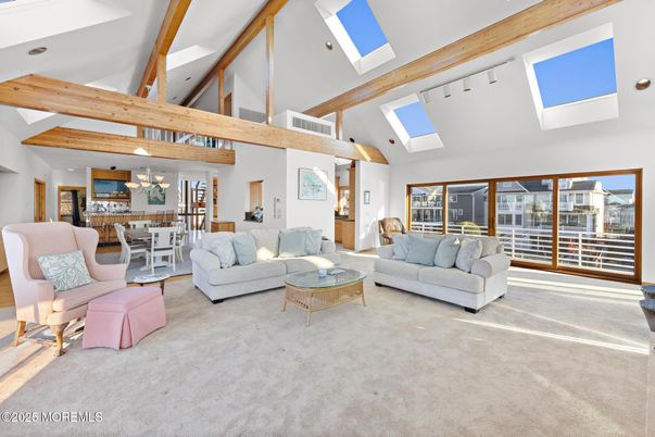 Chandelier, Dining room, Interior, Living room, Pendant Lights, Recessed Lighting, Wooden Beams