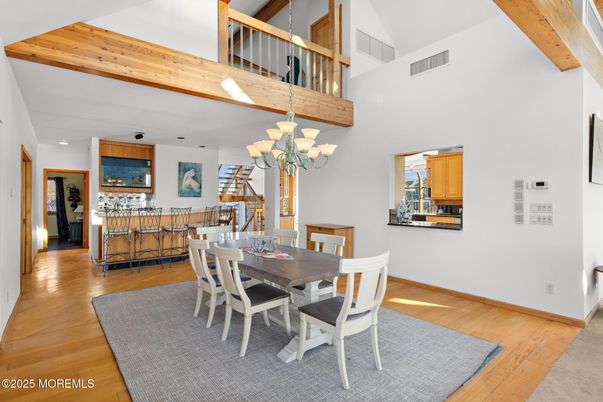 Chandelier, Dining room, Interior, Wooden Beams, Wood Texture Flooring