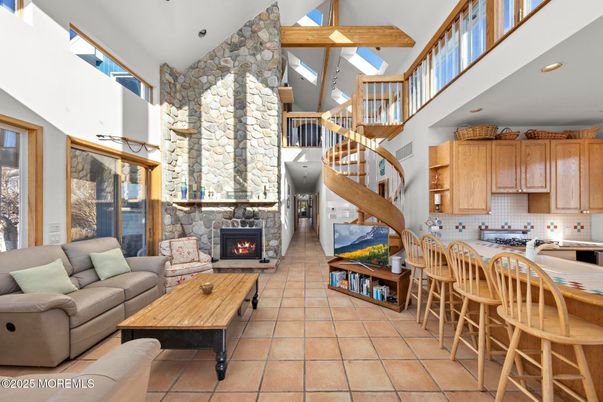 Fireplace, Interior, Kitchen, Living room, Recessed Lighting, Stone Walls