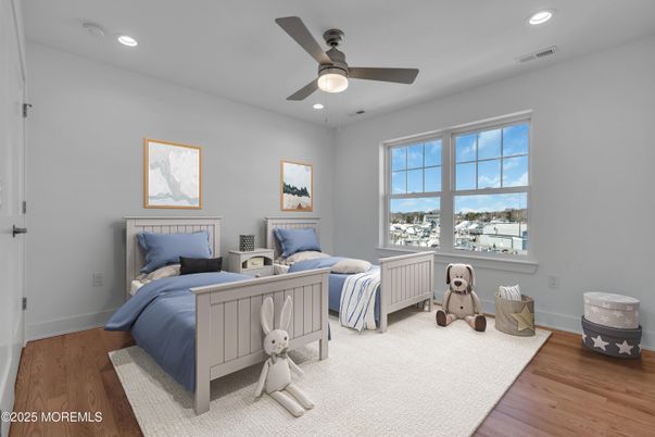 Bedroom, Interior, Recessed Lighting, Water, Wood Texture Flooring