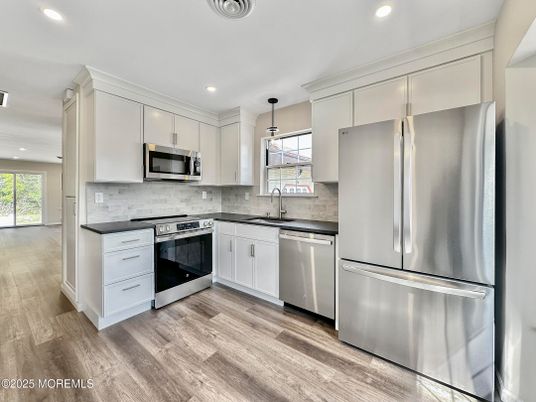 Interior, Kitchen, Pendant Lights, Recessed Lighting, Stainless Steel Appliances, Wood Texture Flooring
