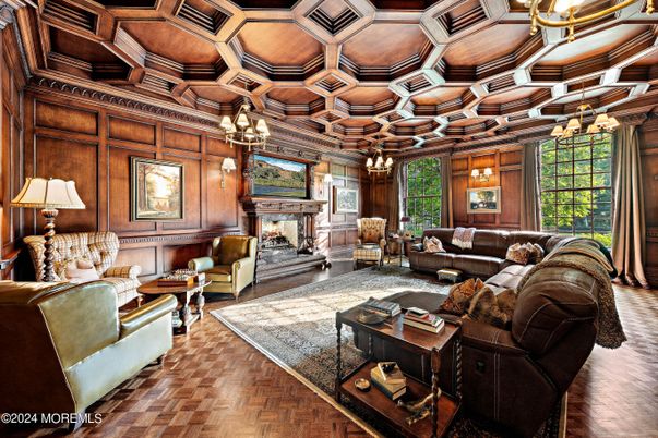 Chandelier, Fireplace, Interior, Living room, Wooden Beams, Wooden Ceilings, Wood Texture Flooring, Wooden Walls