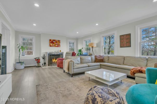 Fireplace, Interior, Living room, Recessed Lighting, Wood Texture Flooring