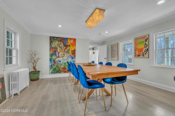 Chandelier, Dining room, Interior, Recessed Lighting, Wood Texture Flooring