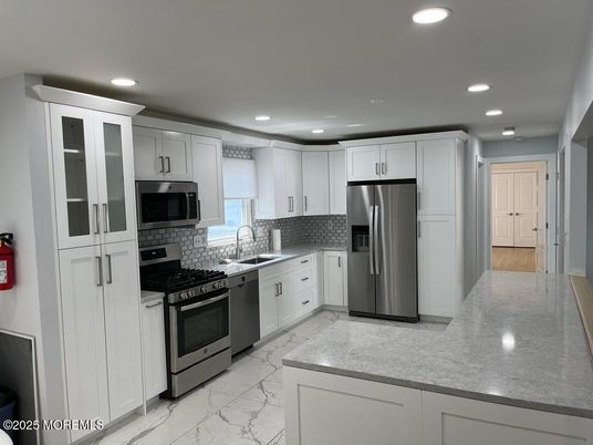 Interior, Kitchen, Marble, Recessed Lighting, Stainless Steel Appliances