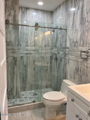Bathroom, Glass Shower, Interior, Marble Walls, Recessed Lighting