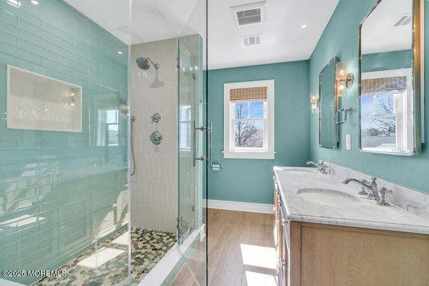 Bathroom, Glass Shower, Interior, Recessed Lighting, Wood Texture Flooring