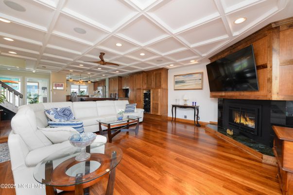 Fireplace, Interior, Kitchen, Living room, Pendant Lights, Recessed Lighting, Wood Texture Flooring
