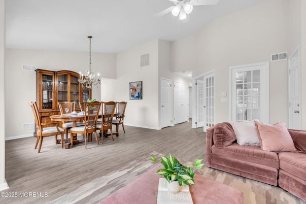 Chandelier, Dining room, Interior, Wood Texture Flooring